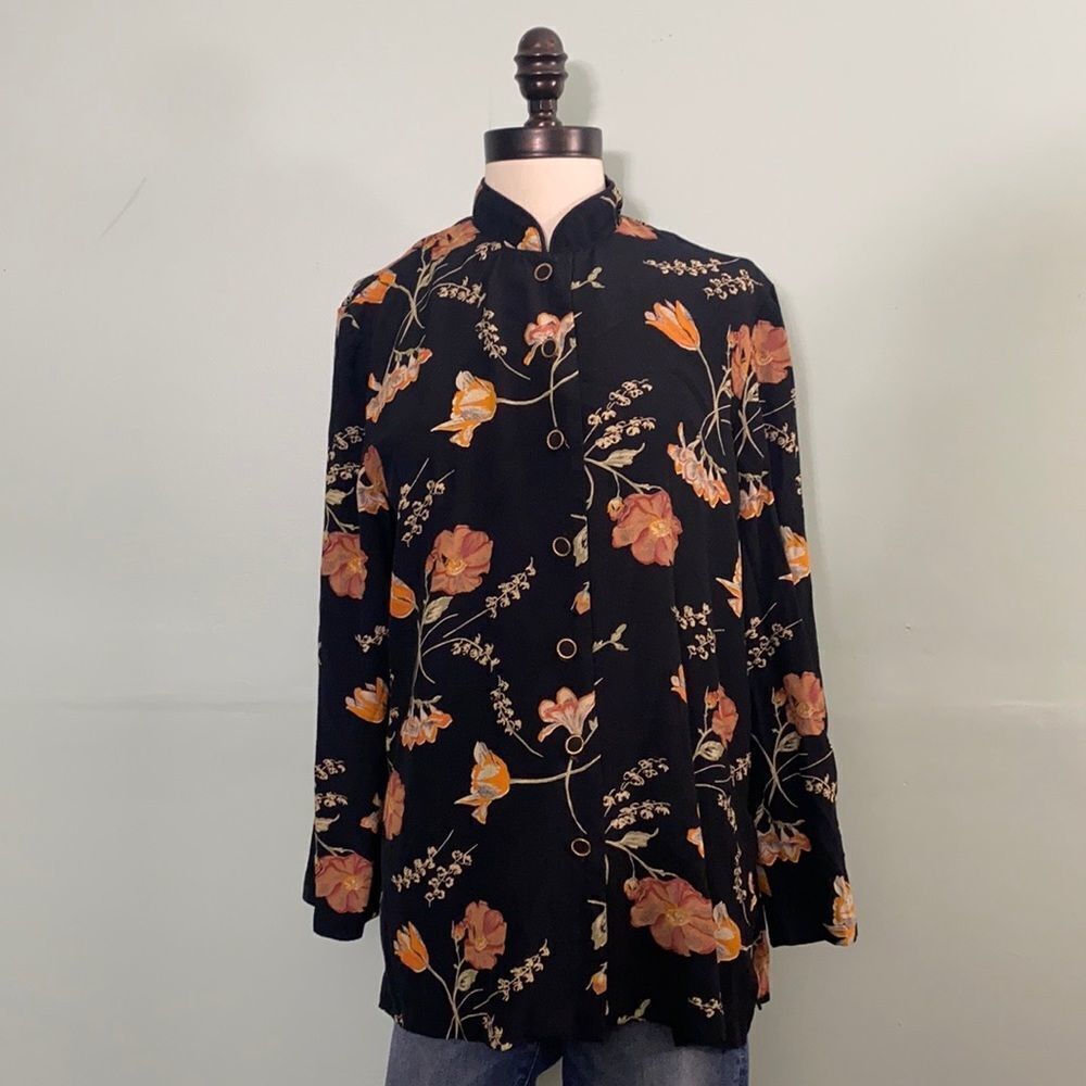 Vintage Floral Mock Neck Long Sleeve Blouse